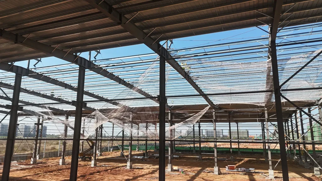 Interior steel frame of a steel structure factory building under construction