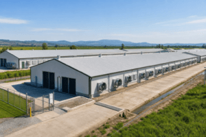 Modernas granjas avícolas con estructura de acero, paneles aislantes y sistemas de ventilación.