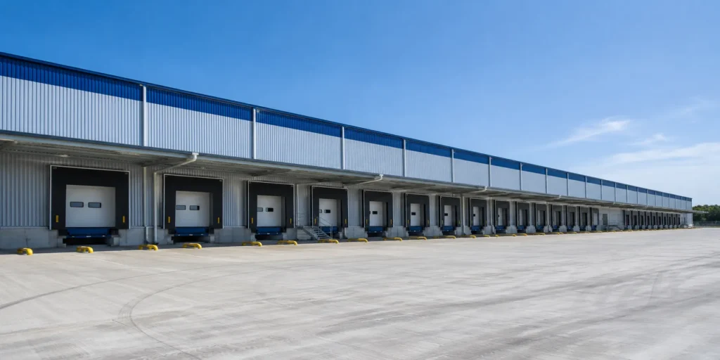 Steel warehouse building with loading docks for efficient logistics and large concrete loading yard