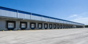 Edificio de almacén de acero con muelles de carga para una logística eficiente y un gran patio de carga de hormigón