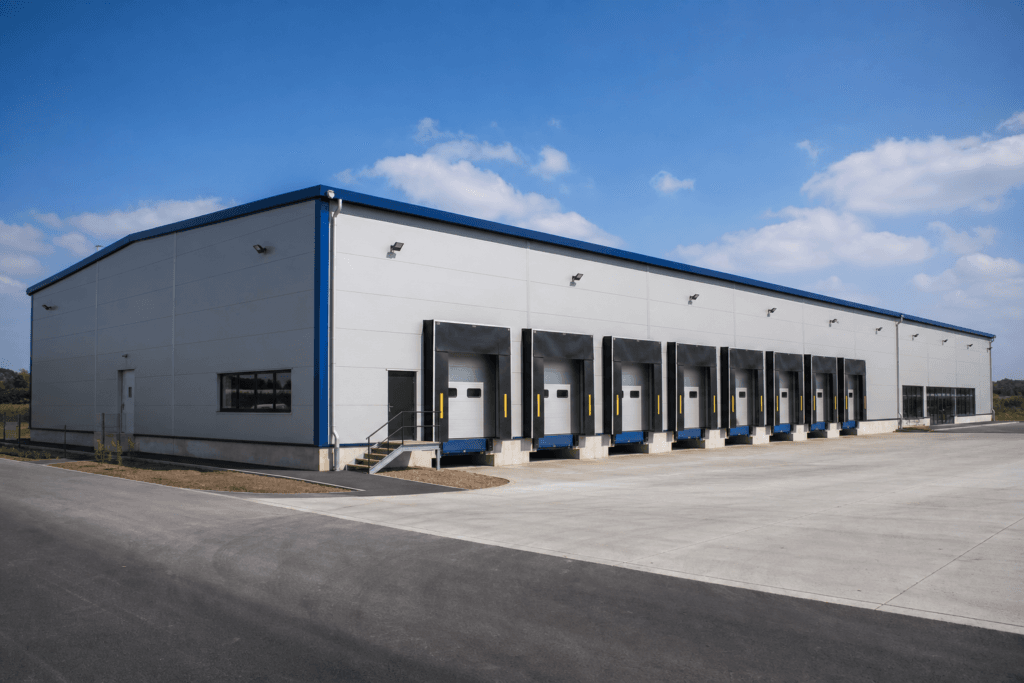 Moderno edificio de almacén prefabricado de acero diseñado para almacenamiento industrial y logística.