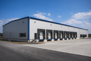 Modern prefabricated steel warehouse building designed for industrial storage and logistics