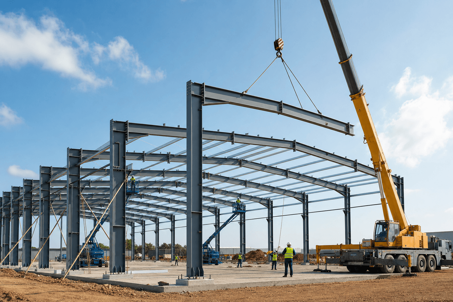 Prefabricated steel warehouse frame being erected on an industrial construction site