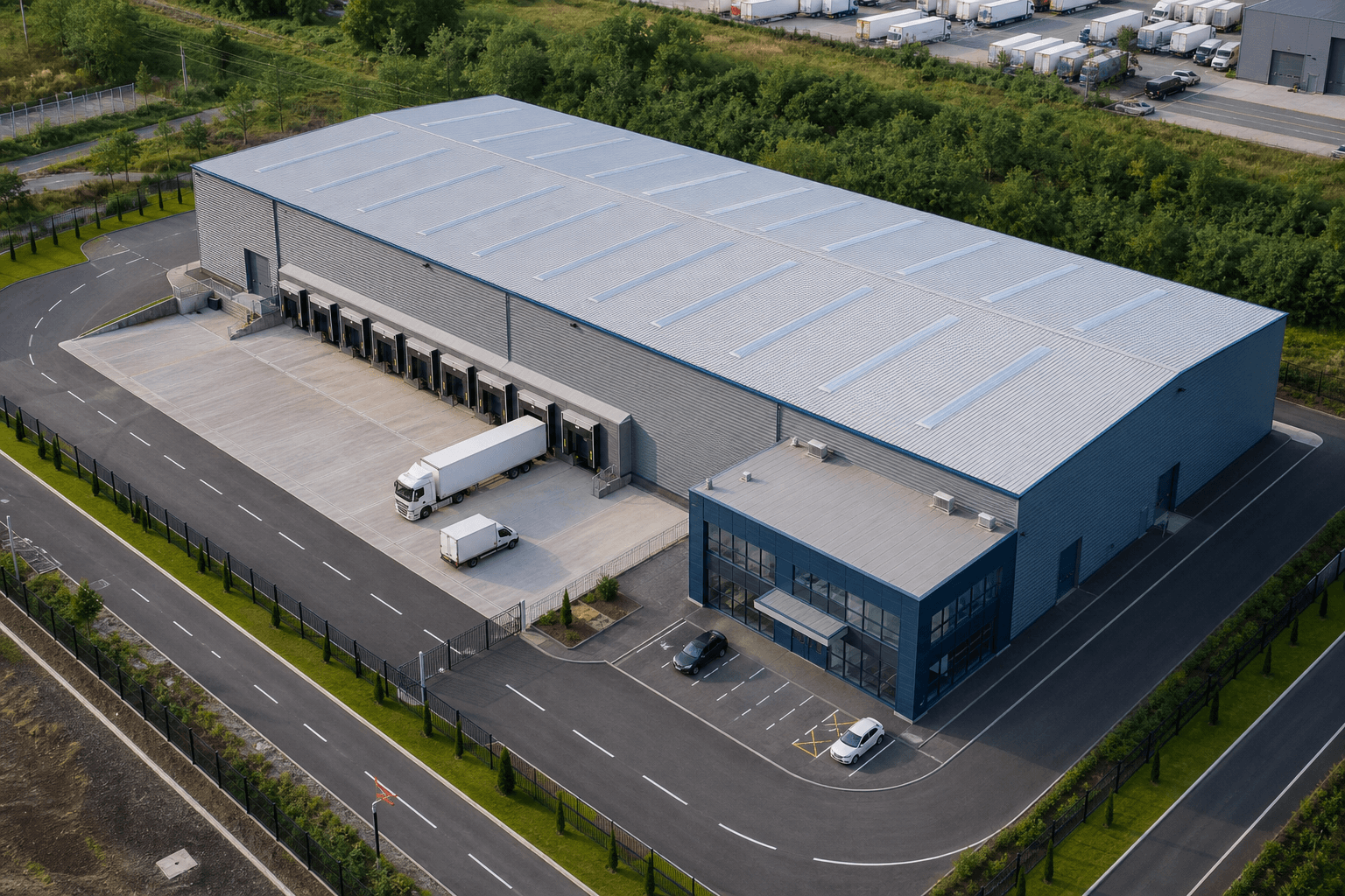 Steel warehouse layout with loading docks and efficient logistics site circulation