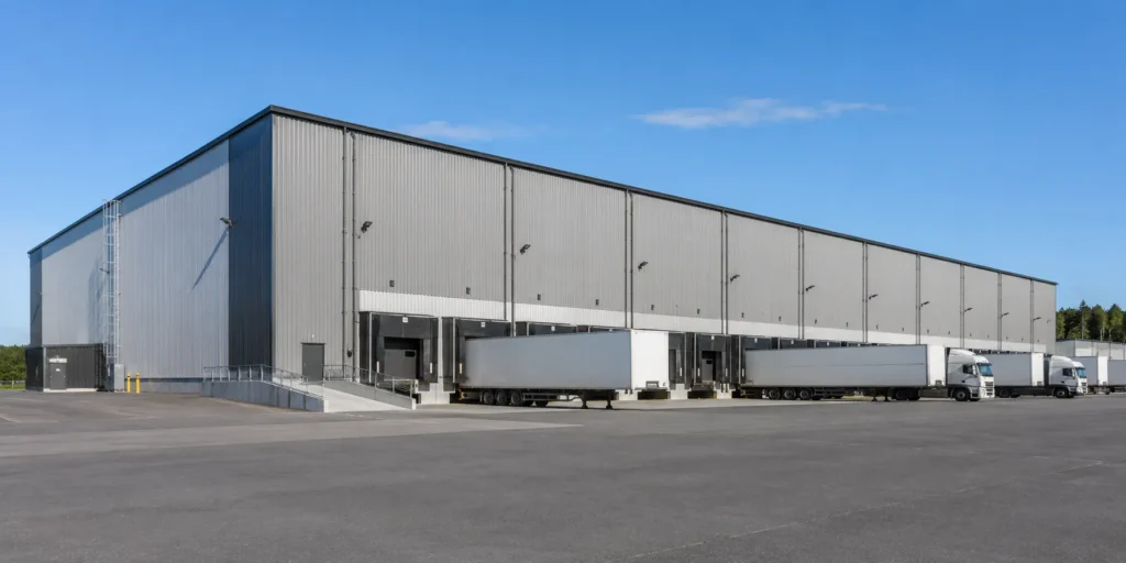 Steel warehouse building with loading docks trailer trucks and efficient logistics operations