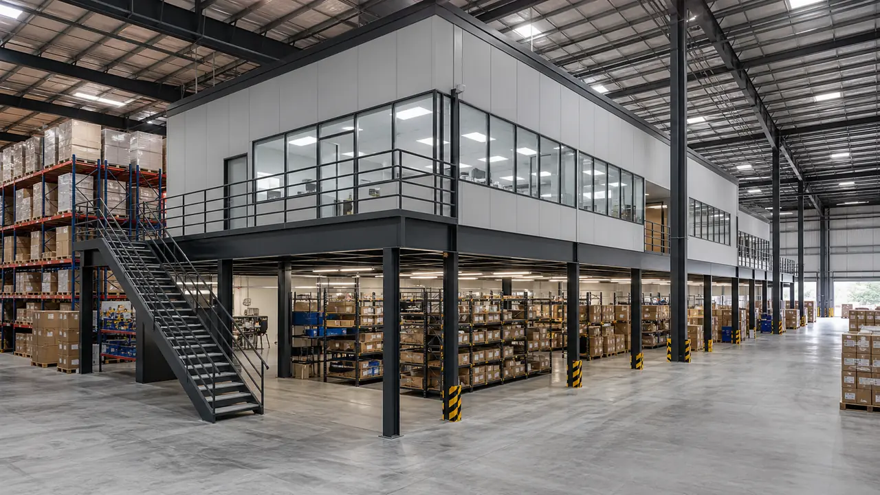 Steel warehouse building with mezzanine office and organized storage space