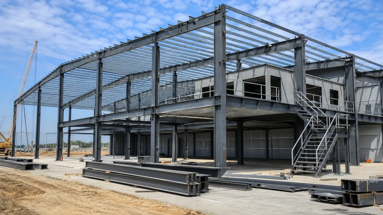 Steel warehouse mezzanine office frame with columns beams and upper floor platform