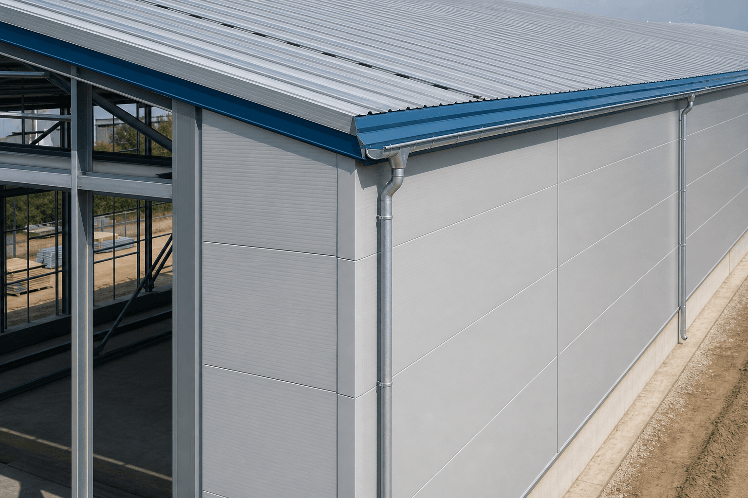 Insulated roof and wall cladding system on a prefabricated steel warehouse