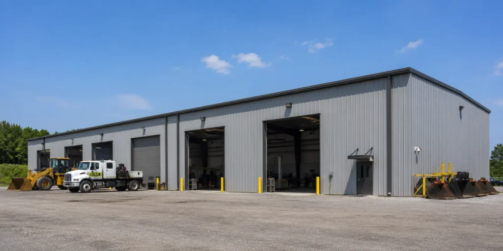 Steel workshop building with multiple equipment service bays for industrial maintenance operations