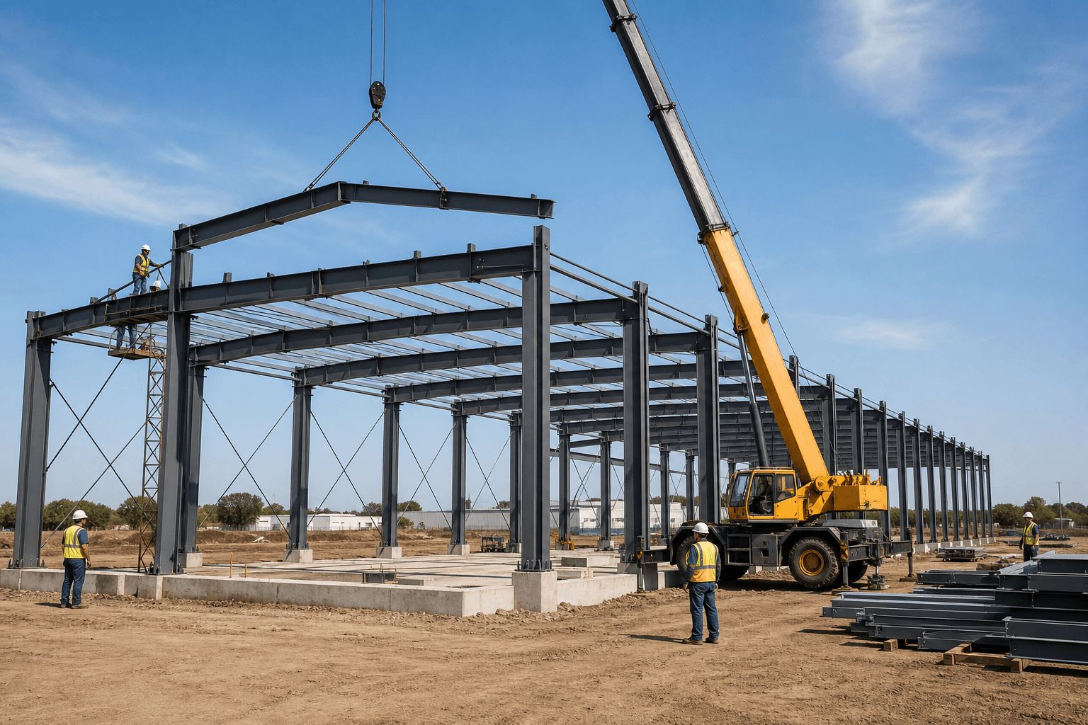 Prefabricated steel workshop frame being erected for a manufacturing facility