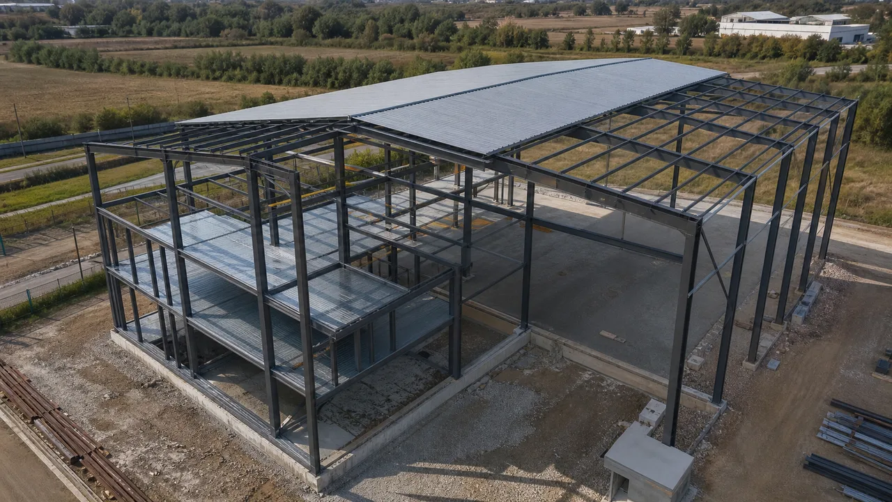 Steel frame workshop construction with mezzanine office floor system