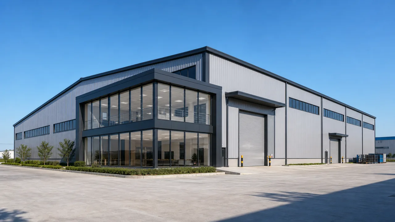 Custom steel workshop building with mezzanine office space and large access doors