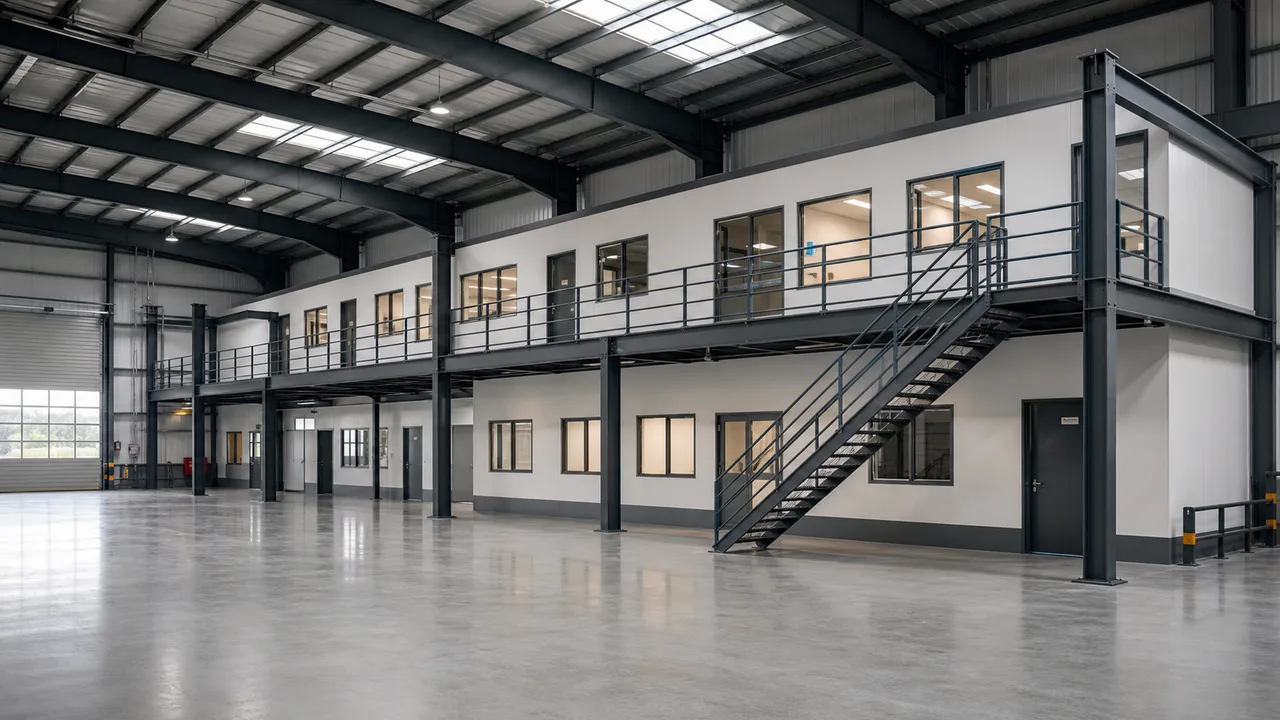 Steel workshop building with mezzanine office overlooking industrial production area