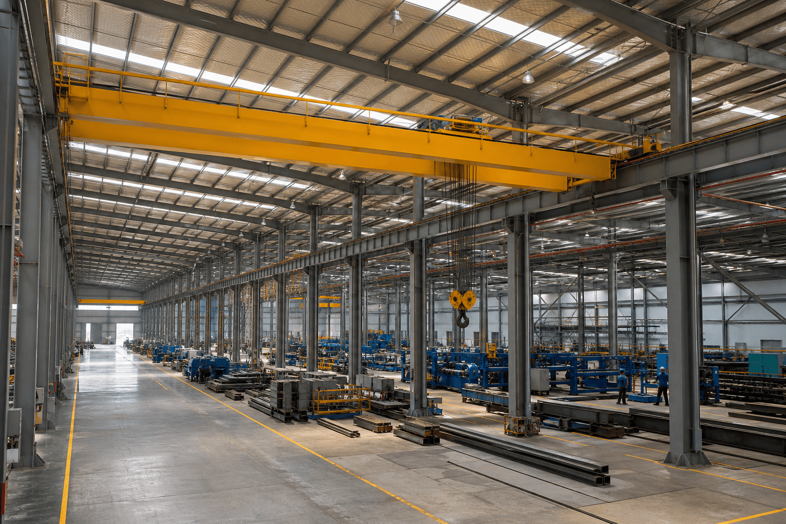 Overhead bridge crane integrated with a heavy manufacturing steel workshop