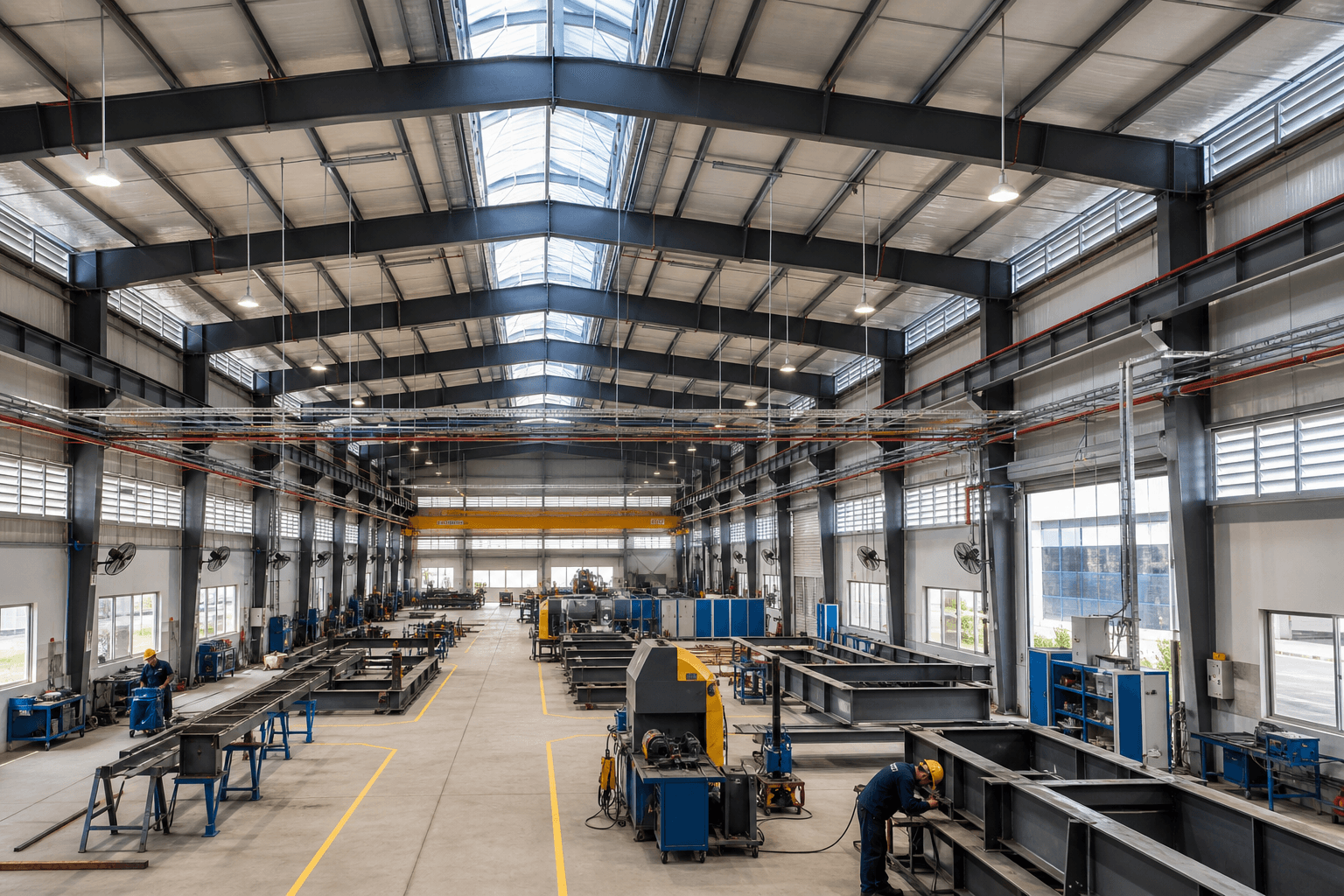 Manufacturing steel workshop with roof daylighting ventilation and coordinated utilities