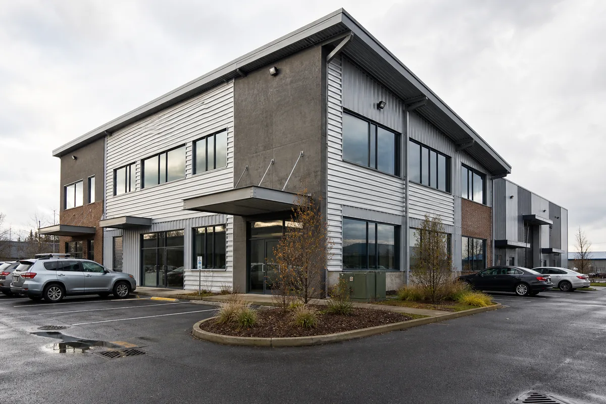 Two-story steel office and commercial building with metal panel exterior