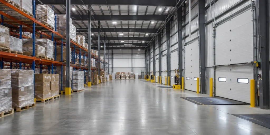 Interior of steel warehouse building with loading dock doors pallet racks and logistics storage space