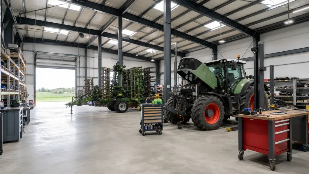 Interior of agricultural machinery steel workshop with equipment service bays