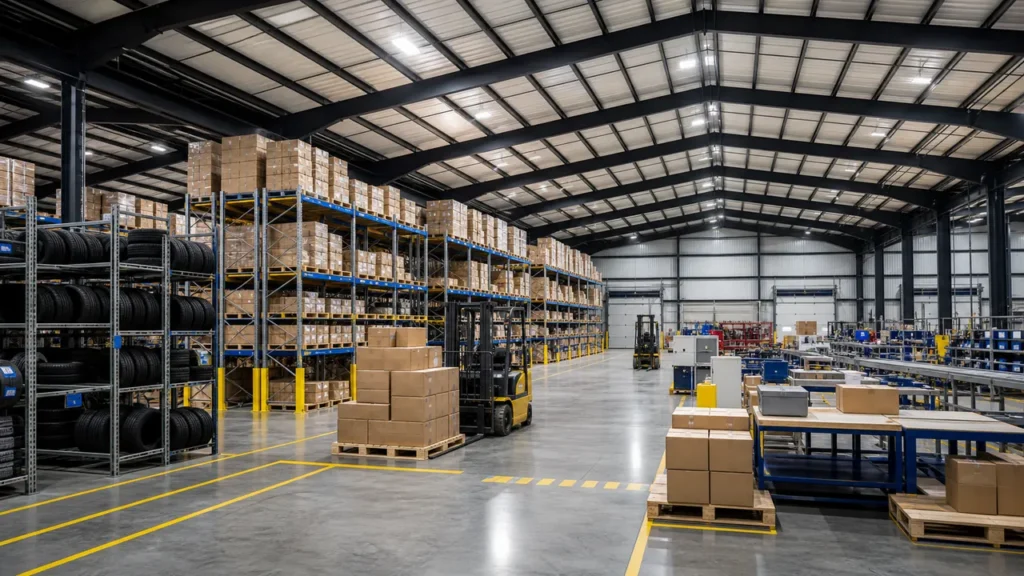 Automotive parts distribution warehouse with pallet racking and picking aisles