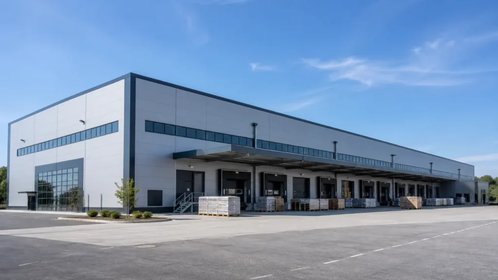 Automotive parts steel warehouse building with clear-span storage space
