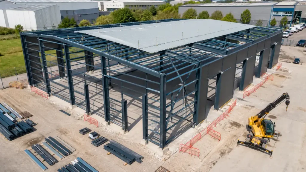 Automotive steel workshop building under construction for vehicle repair