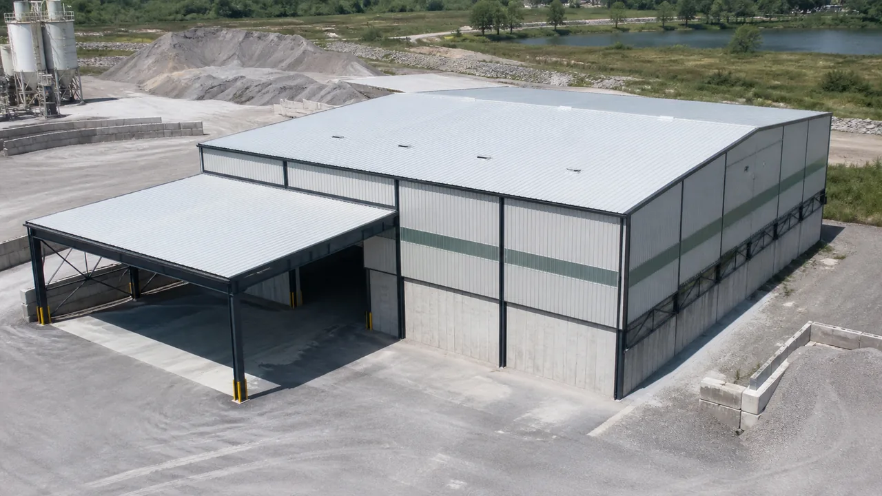 Prefabricated steel warehouse building for bulk material handling with covered loading canopy