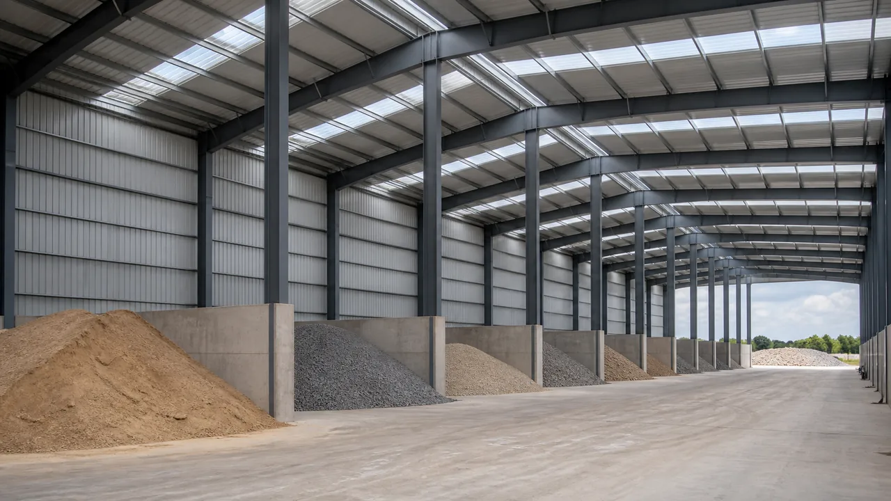 Steel warehouse building for bulk material storage with separated aggregate bays