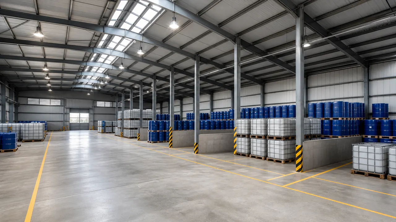 Chemical storage steel warehouse interior with segregated material zones