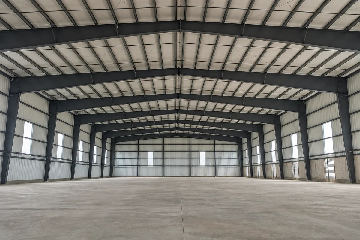 Clear span steel building interior with an unobstructed warehouse floor