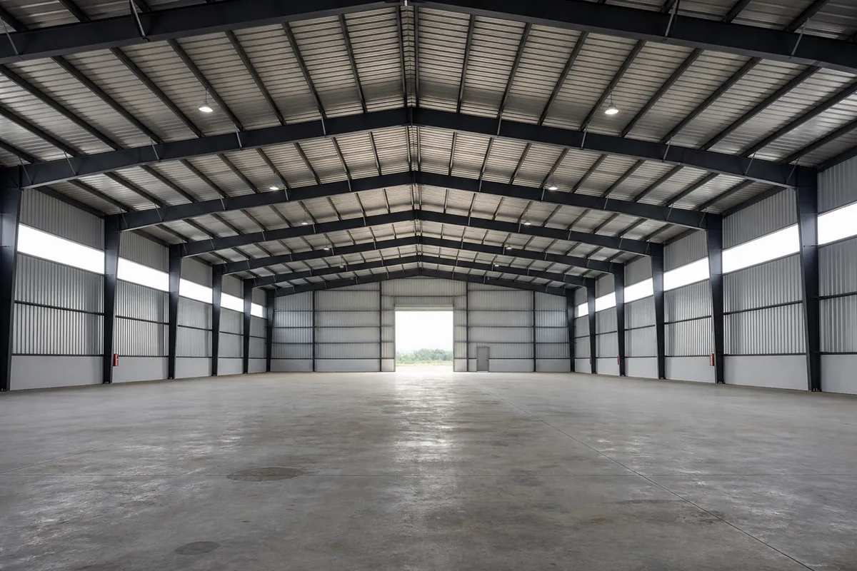 Clear span steel building interior with a completely unobstructed warehouse floor