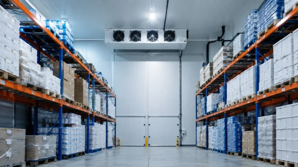 Interior of an insulated cold storage steel building