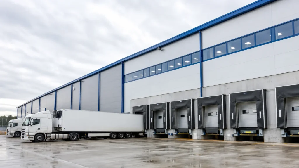 Cold storage steel warehouse with insulated loading dock area