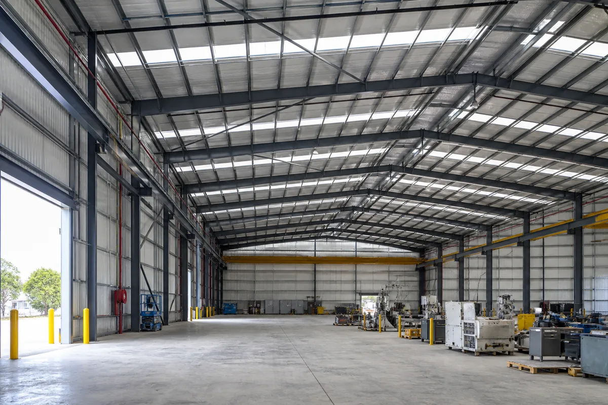 Completed prefabricated steel structure building designed for industrial operations