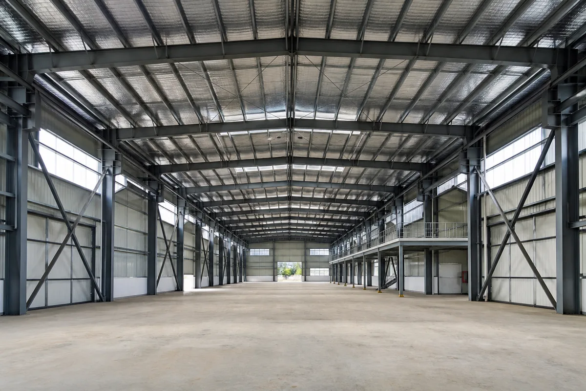 Steel building seismic bracing system with roof diaphragm and vertical cross braces