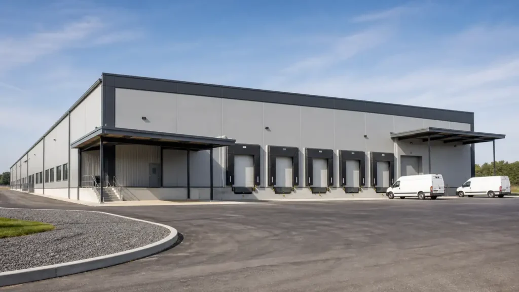 E-commerce fulfillment steel warehouse building with loading and dispatch areas