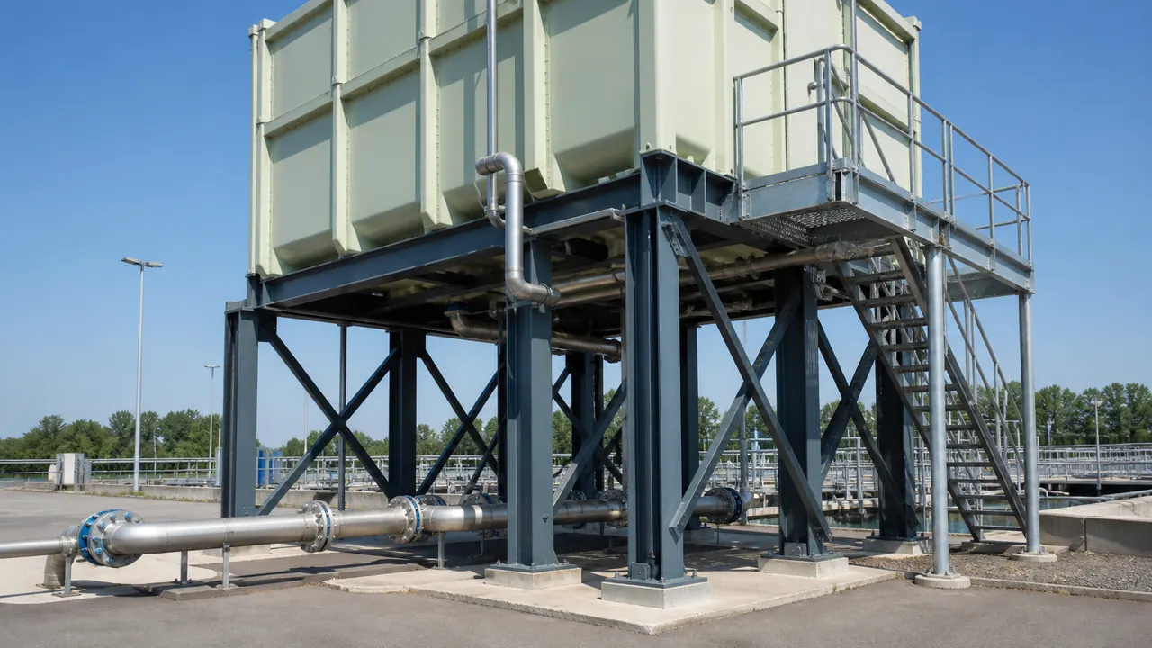 Elevated steel tank support frame for process plant equipment