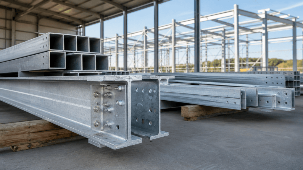 Galvanized steel structures illustrated by zinc-coated beams and connection plates in a fabrication yard