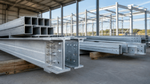 Galvanized steel structures illustrated by zinc-coated beams and connection plates in a fabrication yard