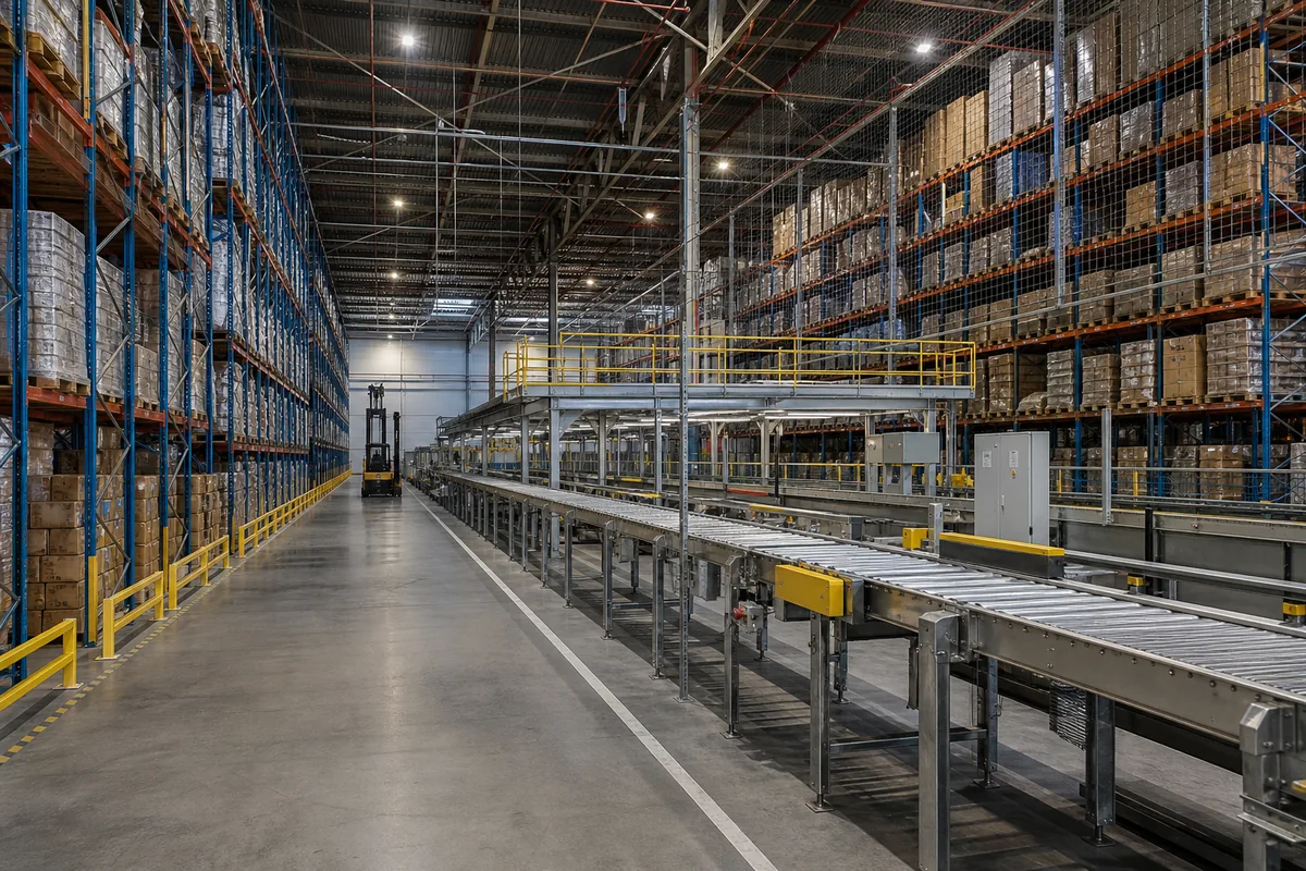 High-bay pallet racking and automated conveyor system inside a logistics center
