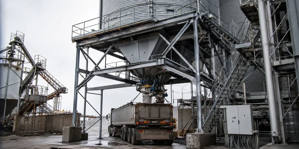 Industrial steel silo support structure with hopper discharge system and truck loading area
