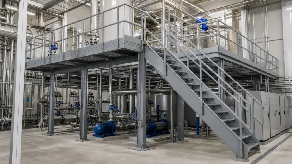 Steel access platform and stair structure for industrial plants