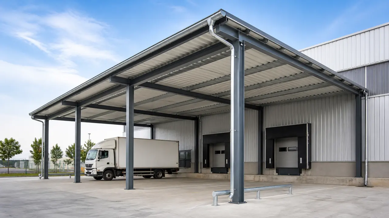 Industrial steel canopy structure for truck loading and weather protection