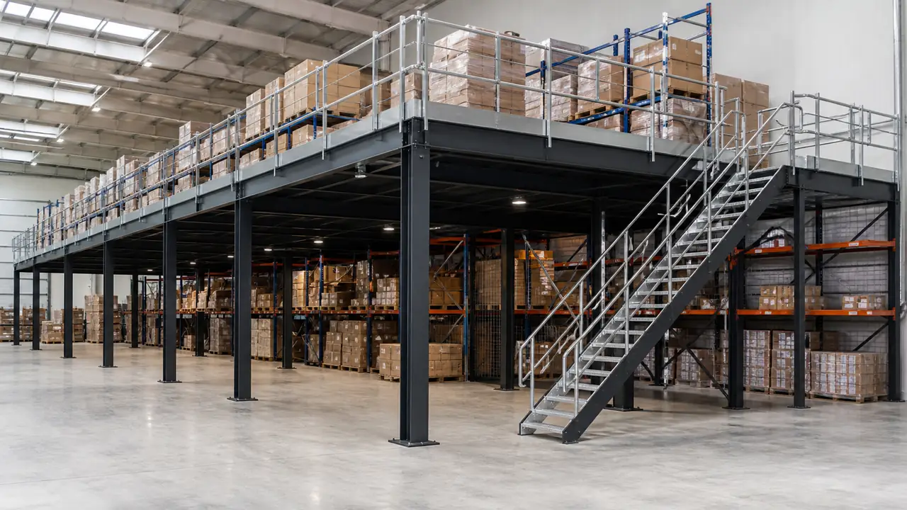 Industrial steel mezzanine floor structure inside a factory storage facility