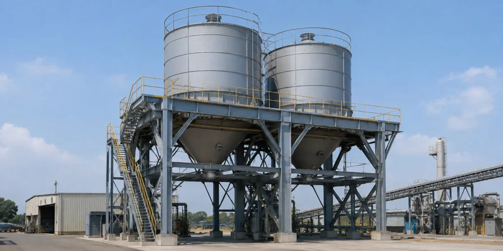 Industrial steel silo support structure for bulk material storage with elevated silos steel frame and access stairs