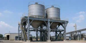 Industrial steel silo support structure for bulk material storage with elevated silos steel frame and access stairs