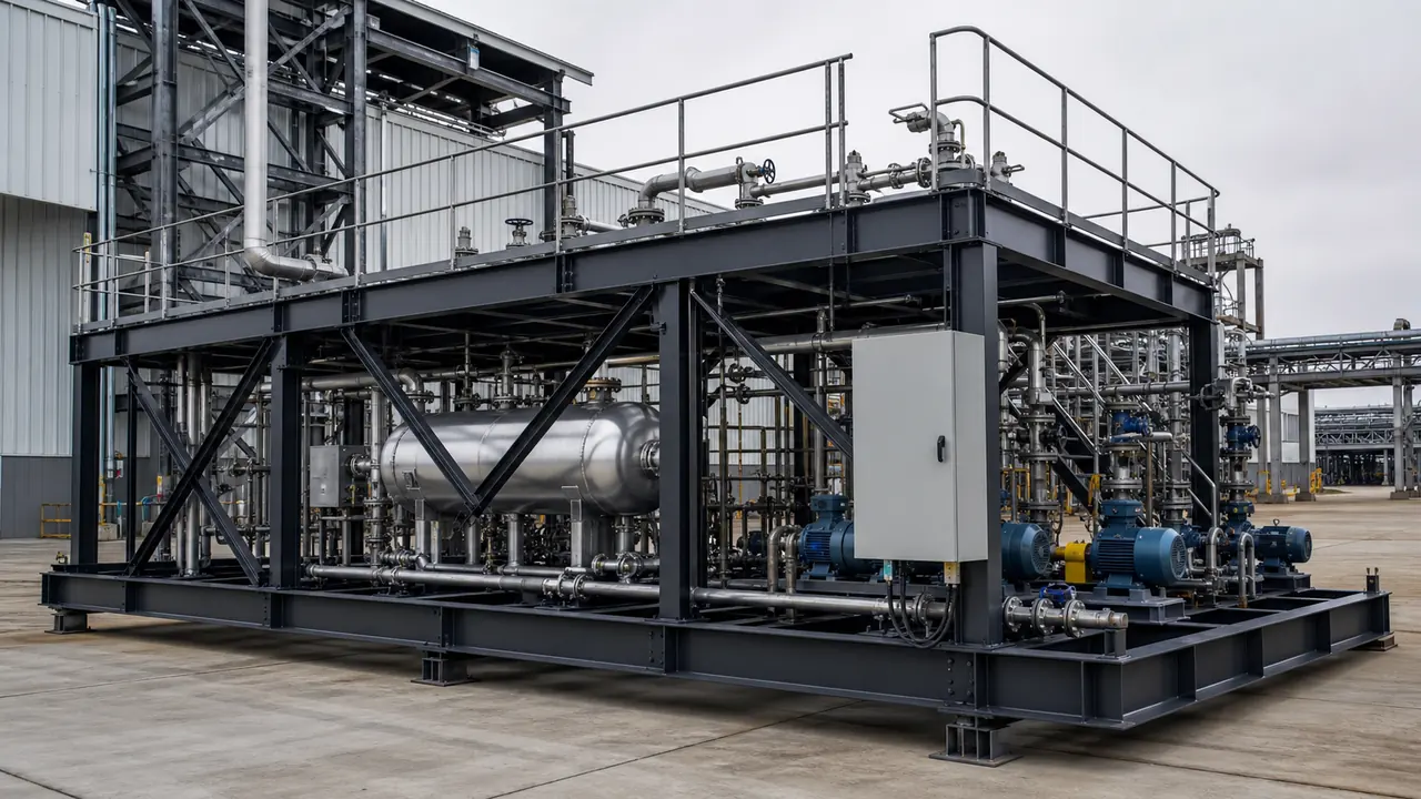 Industrial steel skid structure supporting modular process equipment