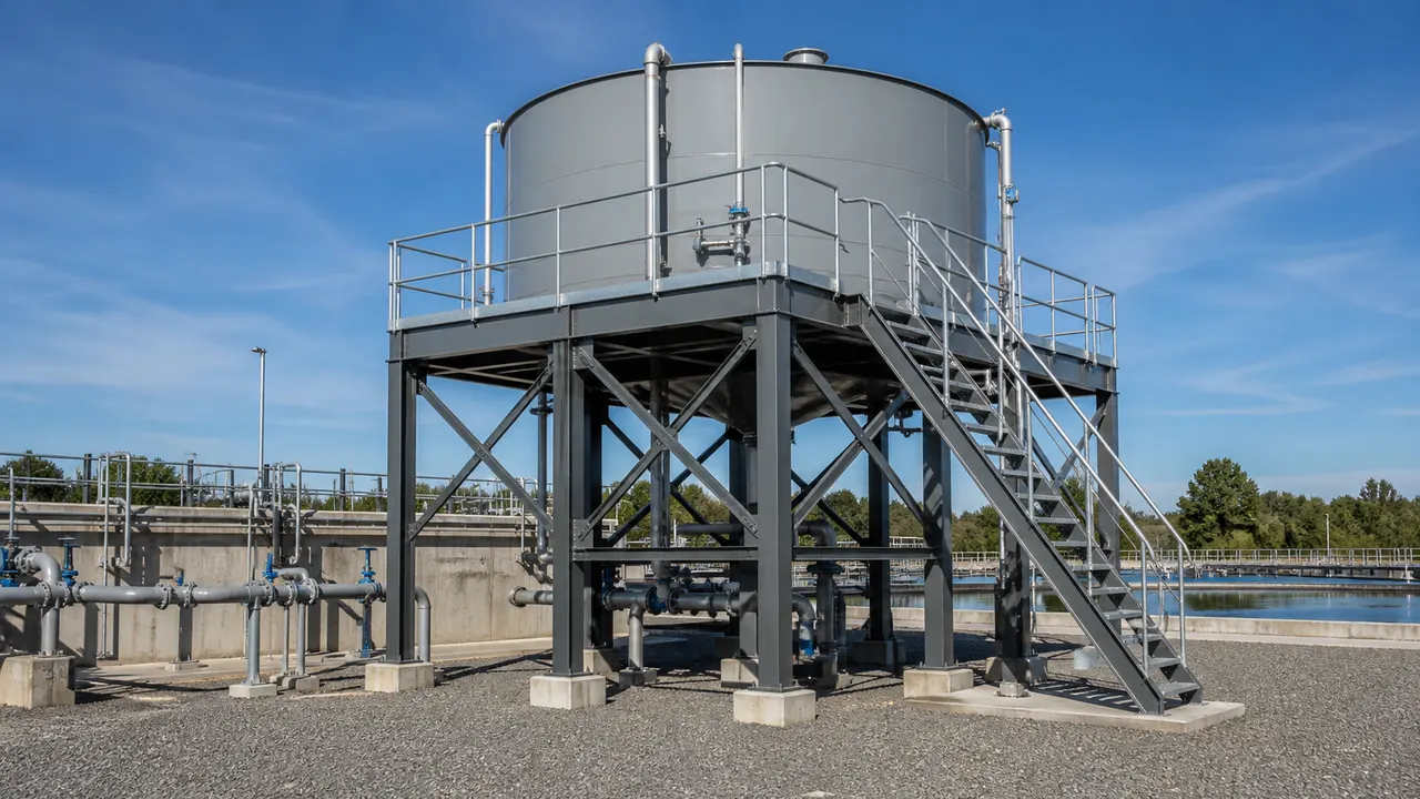 Industrial steel tank support structure for water treatment plant