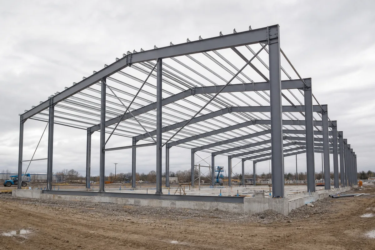 Large span steel portal frames erected across a wide industrial building