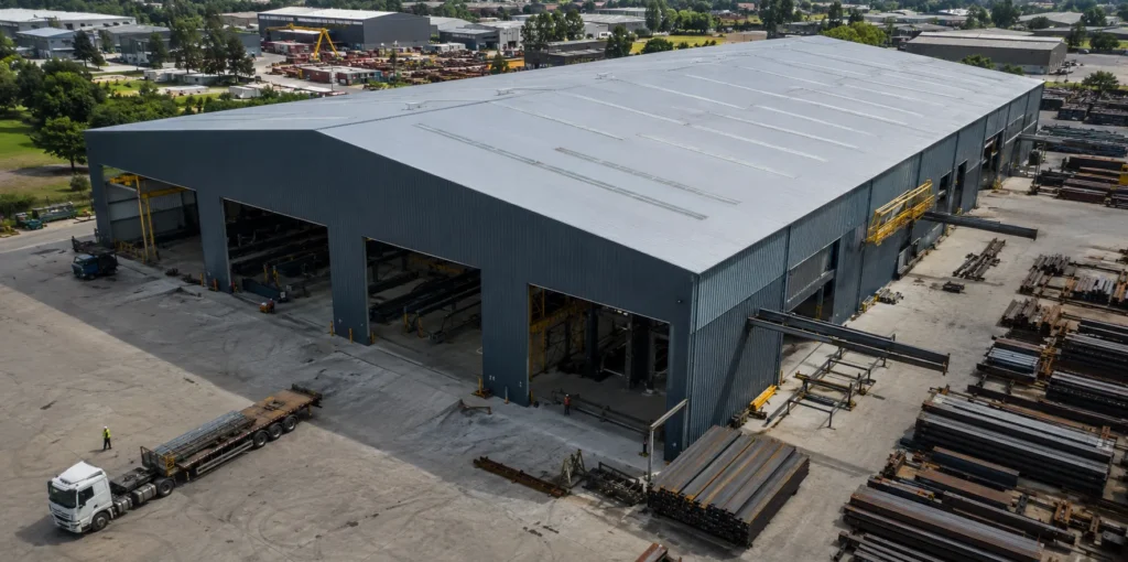 Vista aérea del gran edificio del taller de fabricación de acero con patio de material de acero y área de producción industrial