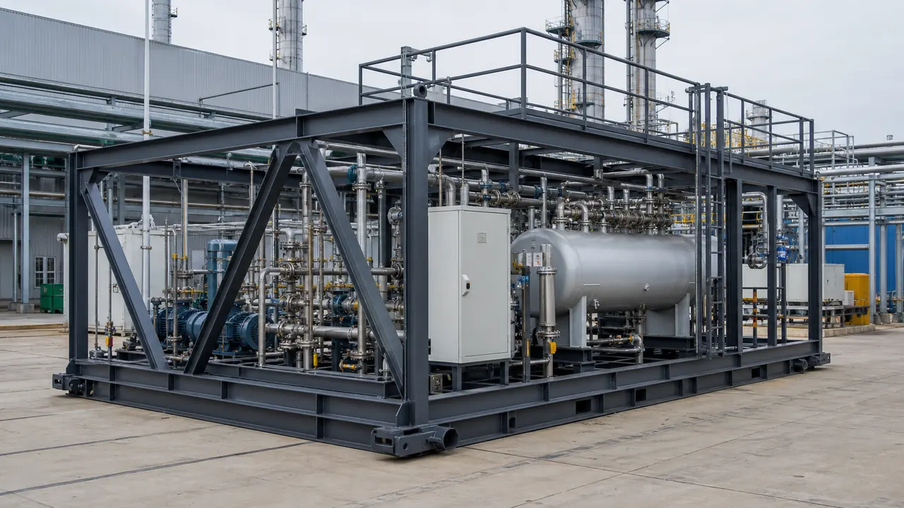 Modular process equipment installed on a fabricated steel skid frame